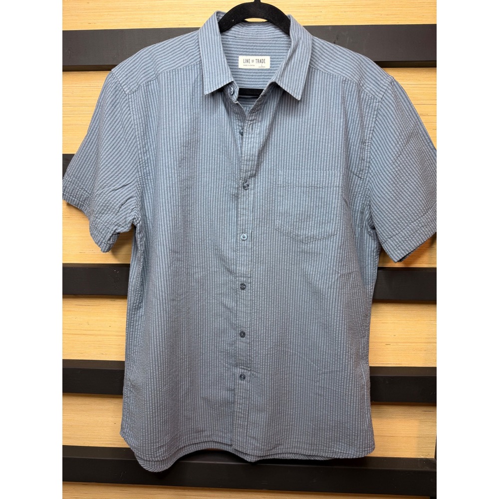 Line of Trade Mens Large Blue Seersucker Striped Short Sleeve Button Down Shirt
